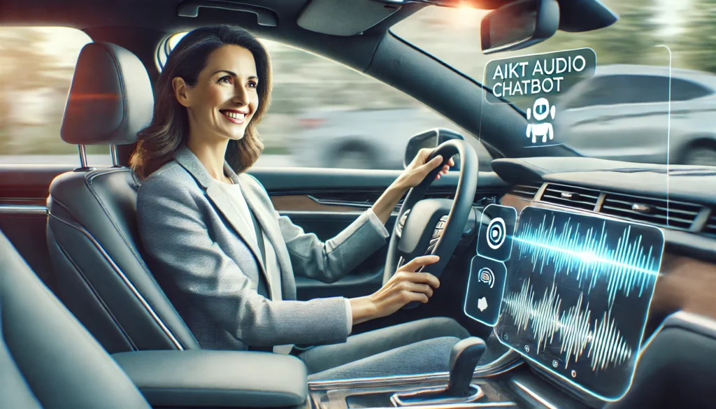 Mit beyond.audio nutzt die Fahrerin KI Audio zur Vorbereitung auf den Termin – KI Wissensmanagement direkt im Auto, ohne Ablenkung vom Verkehr.