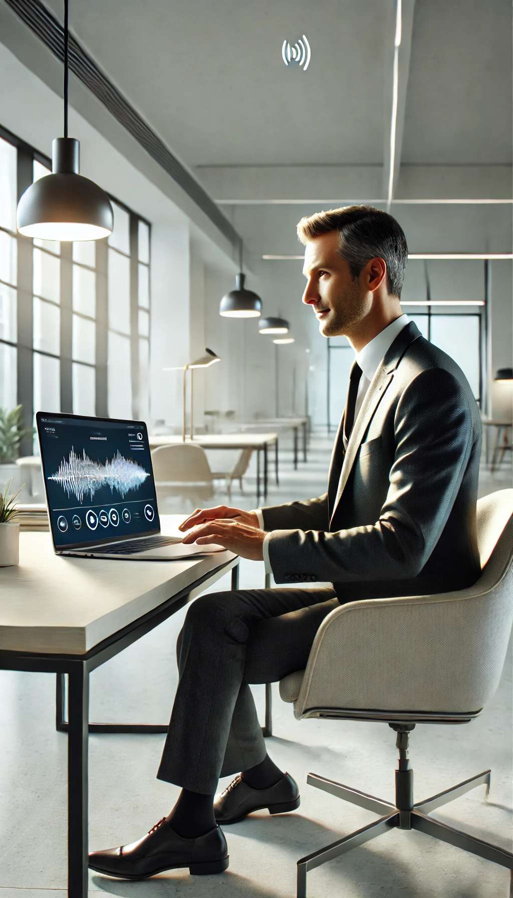 beyond.audio visualisiert modernes KI Wissensmanagement: Ein Business-Anwender nutzt KI Audio zur interaktiven Wissensabfrage per Sprachschnittstelle.