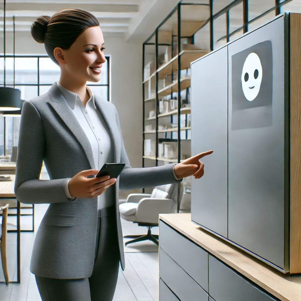 Eine Frau in professioneller Kleidung verwendet ein Smartphone für NFC Audio und zeigt auf einen Schrank mit einem lächelnden Gesichtssymbol in einem modernen Büro.