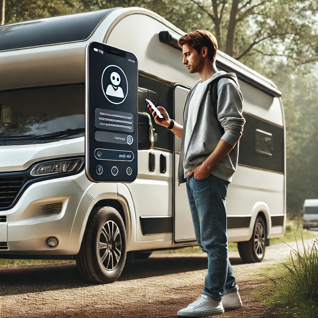 Digitale Interaktion mit Camper::Junger Mann steht neben einem Wohnmobil und nutzt ein Smartphone, während er mit einer digitalen Benutzeroberfläche via NFC Audio interagiert.