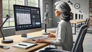 KI Learning im Büro: Mitarbeitende vertiefen Wissen im eigenen Tempo, erhalten Antworten per Chatbot und steigern Effizienz in Projekten, und Support. Bild erstellt durch generative KI