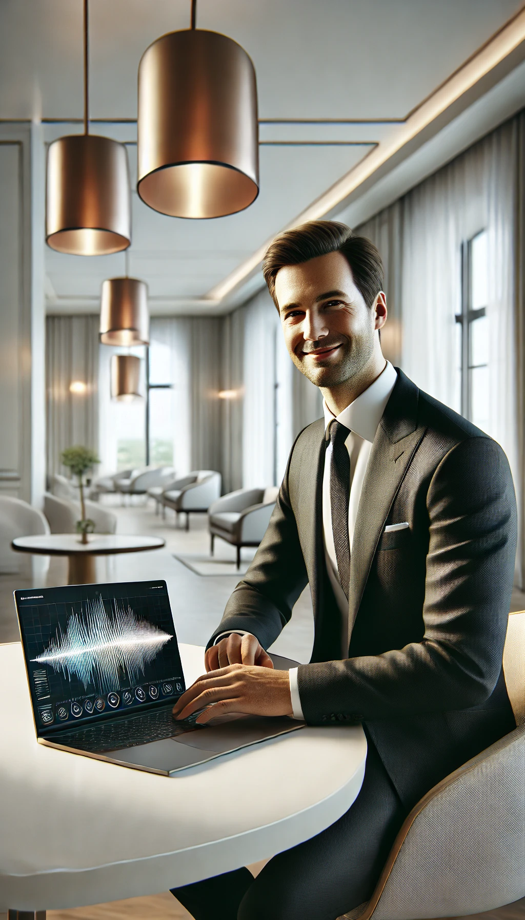 beyond.audio visualisiert modernes KI Wissensmanagement: Ein Business-Anwender nutzt KI Audio zur interaktiven Wissensabfrage per Sprachschnittstelle. Bild erstellt durch generative KI